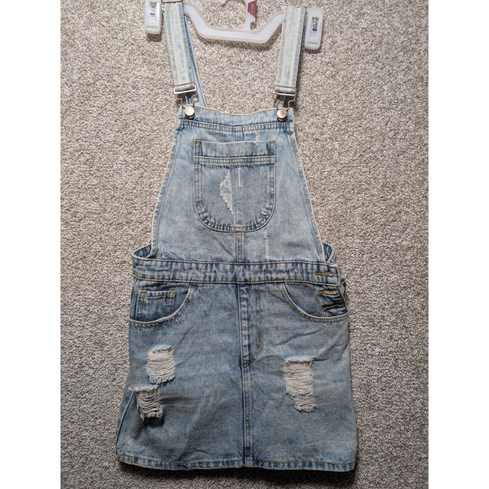 Forever 21 Overall Denim Mini Dress Women SZ M Distressed Y2K Light Wash Pocket